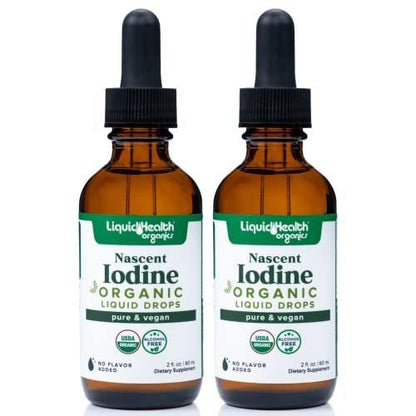 LIQUIDHEALTH USDA Organic Nascent Iodine Liquid Drops, Pure Iodine Supplement for Thyroid & Immune Support, Energy Supplement - Made in USA, Vegan, Colorless, Tasteless Tincture (2 Pack)