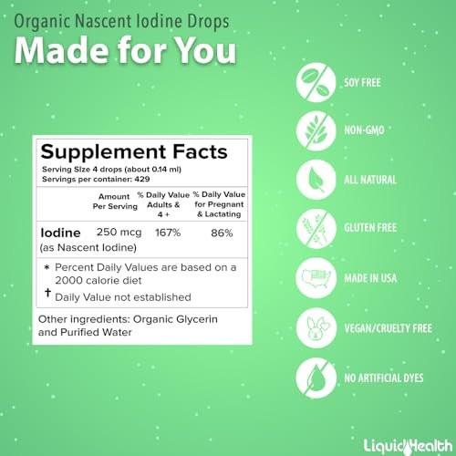 LIQUIDHEALTH USDA Organic Nascent Iodine Liquid Drops, Pure Iodine Supplement for Thyroid & Immune Support, Energy Supplement - Made in USA, Vegan, Colorless, Tasteless Tincture (2 Pack) - görsel 5
