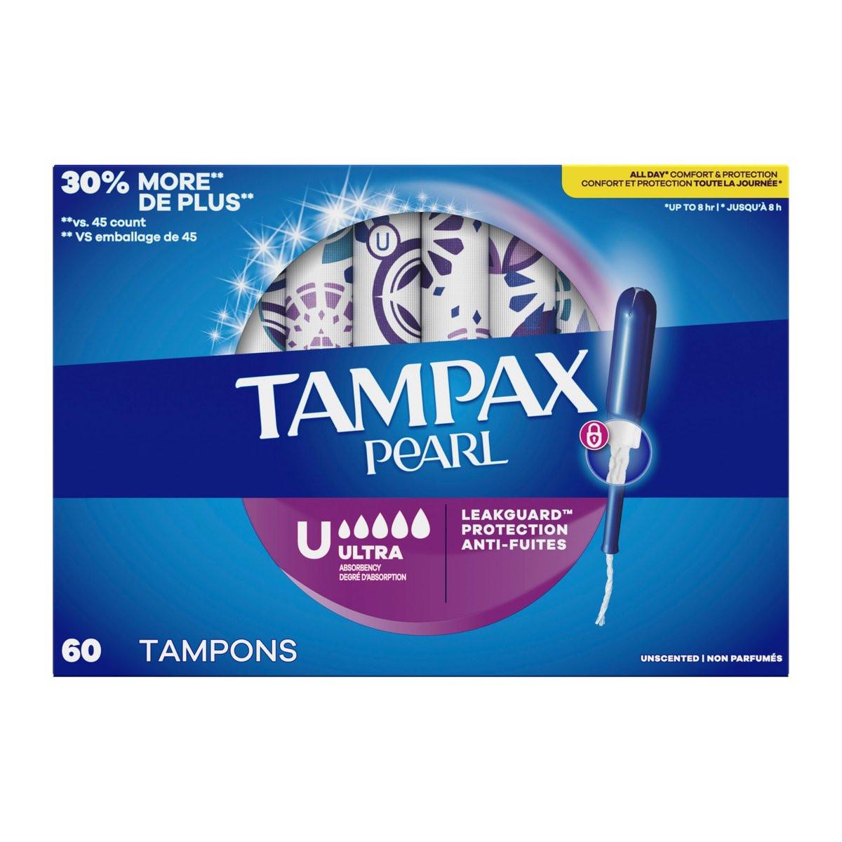 Tampax Pearl Tampons for Women, with LeakGuard Braid, Ultra Absorbency, Unscented, 60 Count - görsel 1