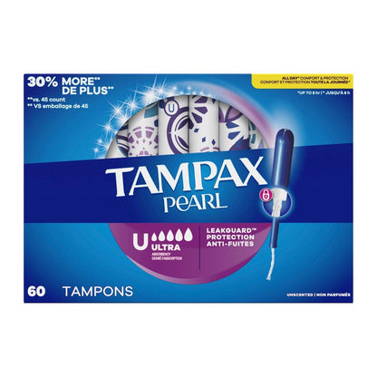 Tampax Pearl Tampons for Women, with LeakGuard Braid, Ultra Absorbency, Unscented, 60 Count