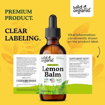Wild & Organic Lemon Balm Drops - Relaxation Support - Lemon Balm Extract Supplement - Melissa Officinalis Herb Tincture - Add to Tea for Calmness Support - Vegan, Sugar & Alcohol-Free - 2 fl oz