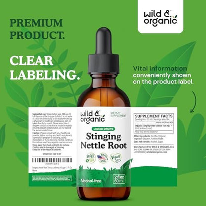 Wild & Organic Stinging Nettle Root Extract Drops - Urinary Support - Stinging Nettle Supplement - Add to Tea Herb - Liquid Urtica Dioica Supplement - Vegan, Sugar & Alcohol-Free Tincture - 2 fl oz