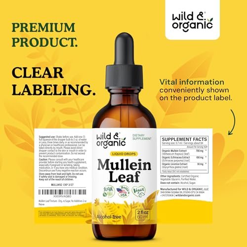 Wild & Organic Mullein Drops for Lungs - – Mullein Leaf Extract: Mullein has been used for centuries to support – Image 1