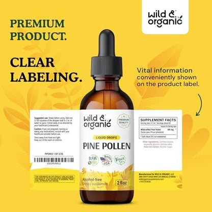 Wild & Organic Pine Pollen Tincture - Pine Pollen Extract Drops for Men & Women - Add to Tea & Drink - Pure Pinus Sylvestris Extract - Vegan, Sugar & Alcohol-Free Liquid Supplement - 2 fl oz