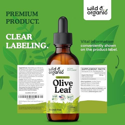 Wild & Organic Olive Leaf Extract Liquid Drops - Immune & Antioxidant Support - Oleuropein Olive Leaf Supplement - Add to Tea Tincture - Vegan, Sugar & Alcohol-Free - 2 fl oz