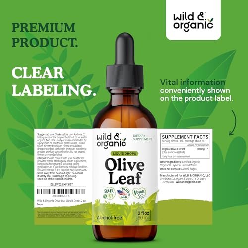 Wild & Organic Olive Leaf Extract Liquid Drops - Immune & Antioxidant Support - Oleuropein Olive Leaf Supplement - Add to Tea Tincture - Vegan, Sugar & Alcohol-Free - 2 fl oz - görsel 2