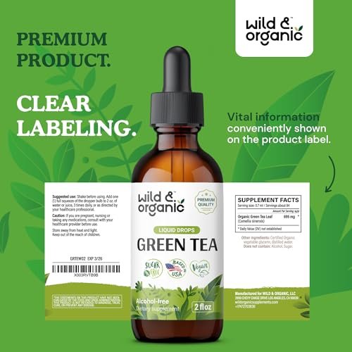 Wild & Organic Green Tea Extract Liquid Drops - Antioxidant Support - Natural Green Tea Supplements - Camelia Sinensis Tincture - Vegan, Sugar & Alcohol-Free - 2 fl oz - görsel 1