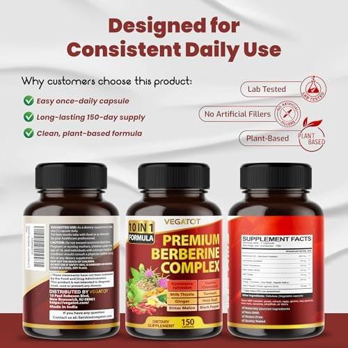 VEGATOT GlucoSavior Berberine Supplement with Ceylon Cinnamon, Bitter Melon, Gymnema - Supports Immune, Heart Health & Gastrointestinal Function (150 Count) - görsel 15
