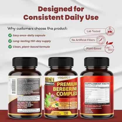 VEGATOT GlucoSavior Berberine Supplement with Ceylon Cinnamon, Bitter Melon, Gymnema - Supports Immune, Heart Health & Gastrointestinal Function (150 Count)