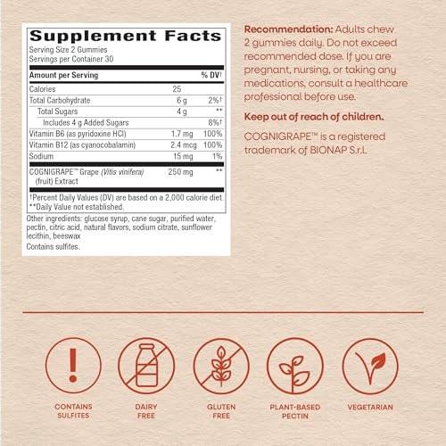Nature's Way Brain Fuel Gummies, Brain Supplement for Focus and Memory Support, Clinically Studied Cognigrape Supports Cognition, Vitamins B6 & B12 Support Brain Function, Grape Flavored, 60 Count - görsel 14