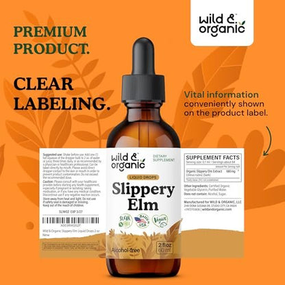 Wild & Organic Slippery Elm Drops - Lung, Digestive & Women's Support - Slippery Elm Bark Tincture - Add to Tea Liquid Extract - Ulmus Rubra Supplement - Vegan, Sugar & Alcohol-Free - 2 fl oz