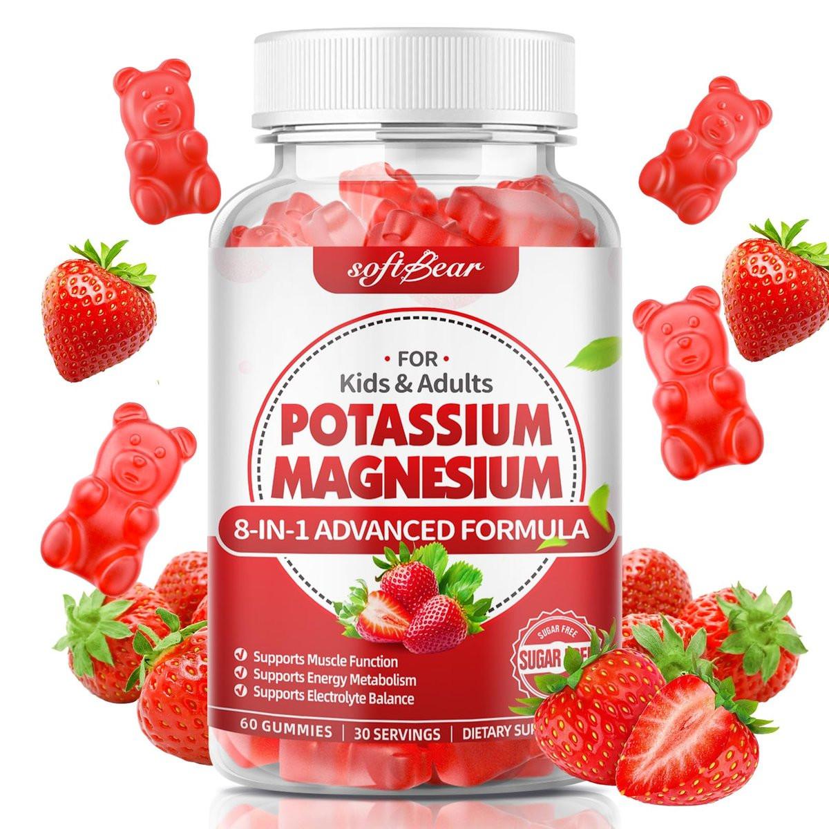 softbear Potassium Gummies for Adults, High Absorption Magnesium Potassium Supplement with Vitamin B6 for Leg Cramps & Muscle Health Sugar-Free Vegan Strawberry 60 Gummies - görsel 1