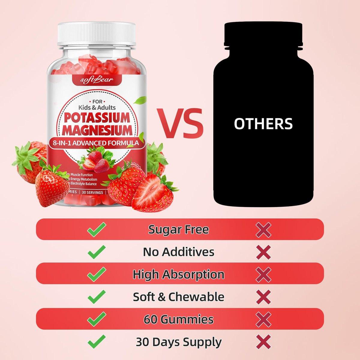 softbear Potassium Gummies for Adults, High Absorption Magnesium Potassium Supplement with Vitamin B6 for Leg Cramps & Muscle Health Sugar-Free Vegan Strawberry 60 Gummies - görsel 9