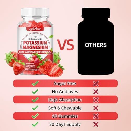 softbear Potassium Gummies for Adults, High Absorption Magnesium Potassium Supplement with Vitamin B6 for Leg Cramps & Muscle Health Sugar-Free Vegan Strawberry 60 Gummies - görsel 10