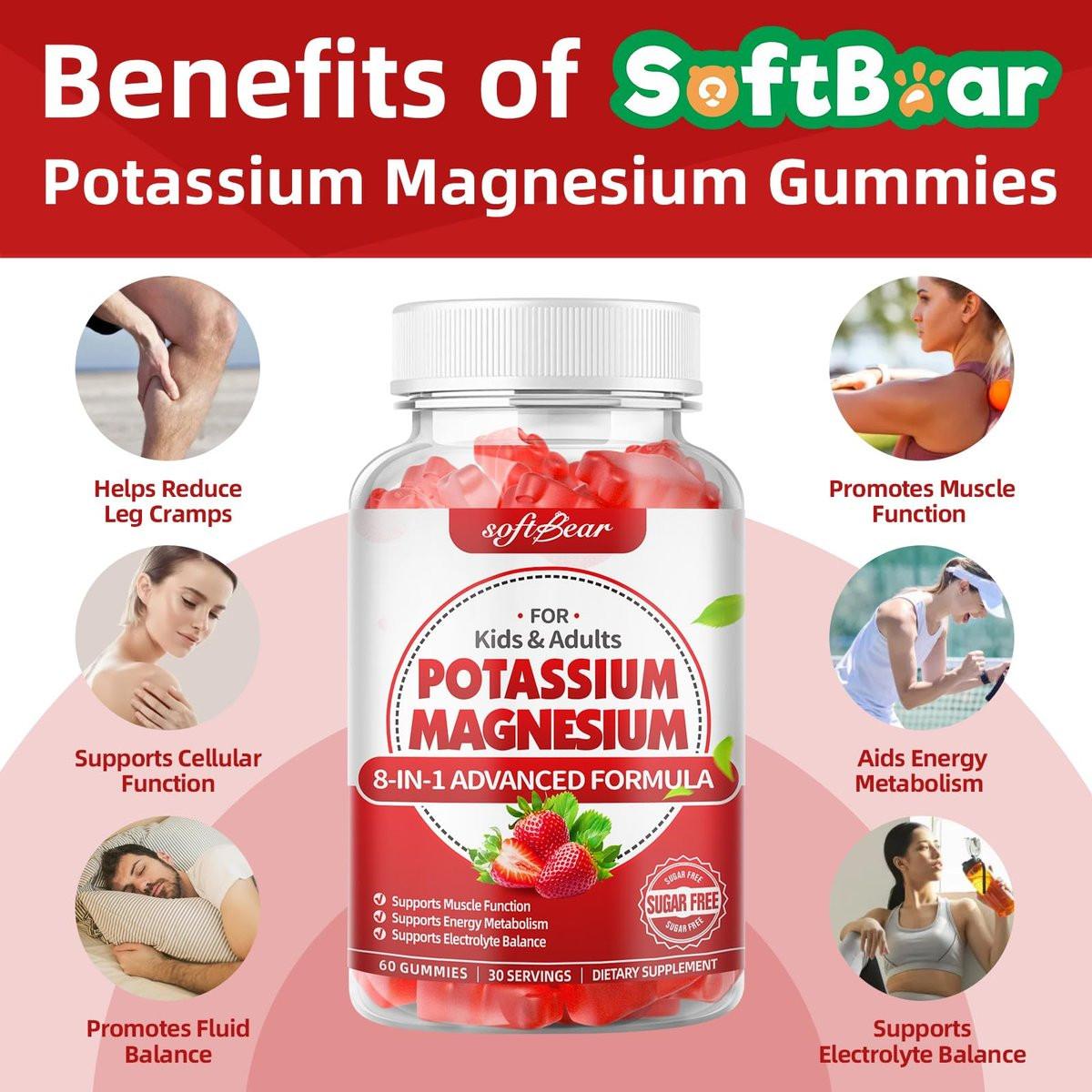 softbear Potassium Gummies for Adults, High Absorption Magnesium Potassium Supplement with Vitamin B6 for Leg Cramps & Muscle Health Sugar-Free Vegan Strawberry 60 Gummies - görsel 5