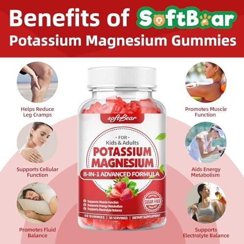 softbear Potassium Gummies for Adults, High Absorption Magnesium Potassium Supplement with Vitamin B6 for Leg Cramps & Muscle Health Sugar-Free Vegan Strawberry 60 Gummies - görsel 6