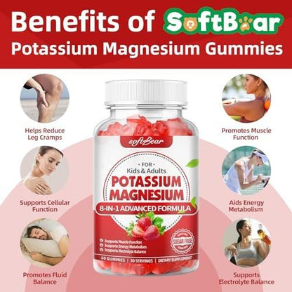 softbear Potassium Gummies for Adults, High Absorption Magnesium Potassium Supplement with Vitamin B6 for Leg Cramps & Muscle Health Sugar-Free Vegan Strawberry 60 Gummies