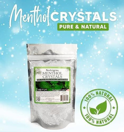 Nutrigins Menthol Crystal 2 oz - Pure Organic 100% Natural - Menthol Crystals from Mint Crystal Mints Mentha Arvensis - Comes in Resealable Standup Bag for Long-Lasting Freshness