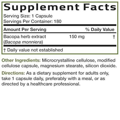 Bronson Bacopa Supports Healthy Brain Function and Mental Performance, Traditional Herb, Non-GMO, 180 Vegetarian Capsules