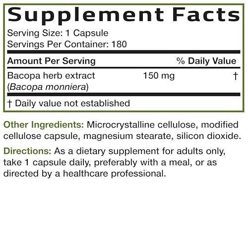 Bronson Bacopa Supports Healthy Brain Function and Mental Performance, Traditional Herb, Non-GMO, 180 Vegetarian Capsules - görsel 2