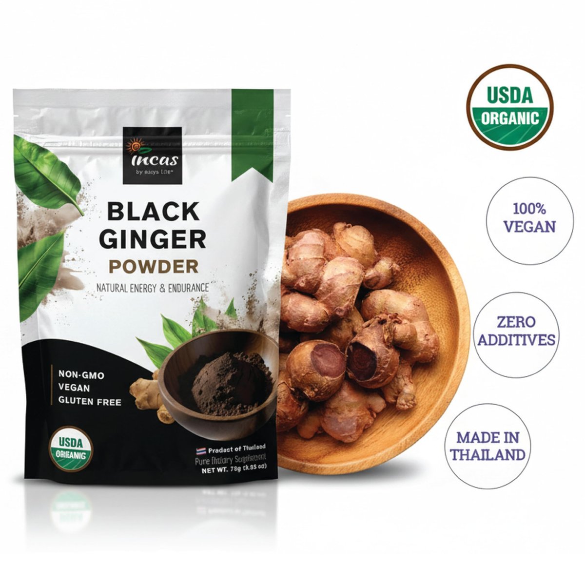 INCAS 100% USDA Organic Thai Black Ginger Powder for Men 2.65 Ounce from Thailand Non GMO Verified Herbal Supplement for Natural Energy & Endurance - görsel 7