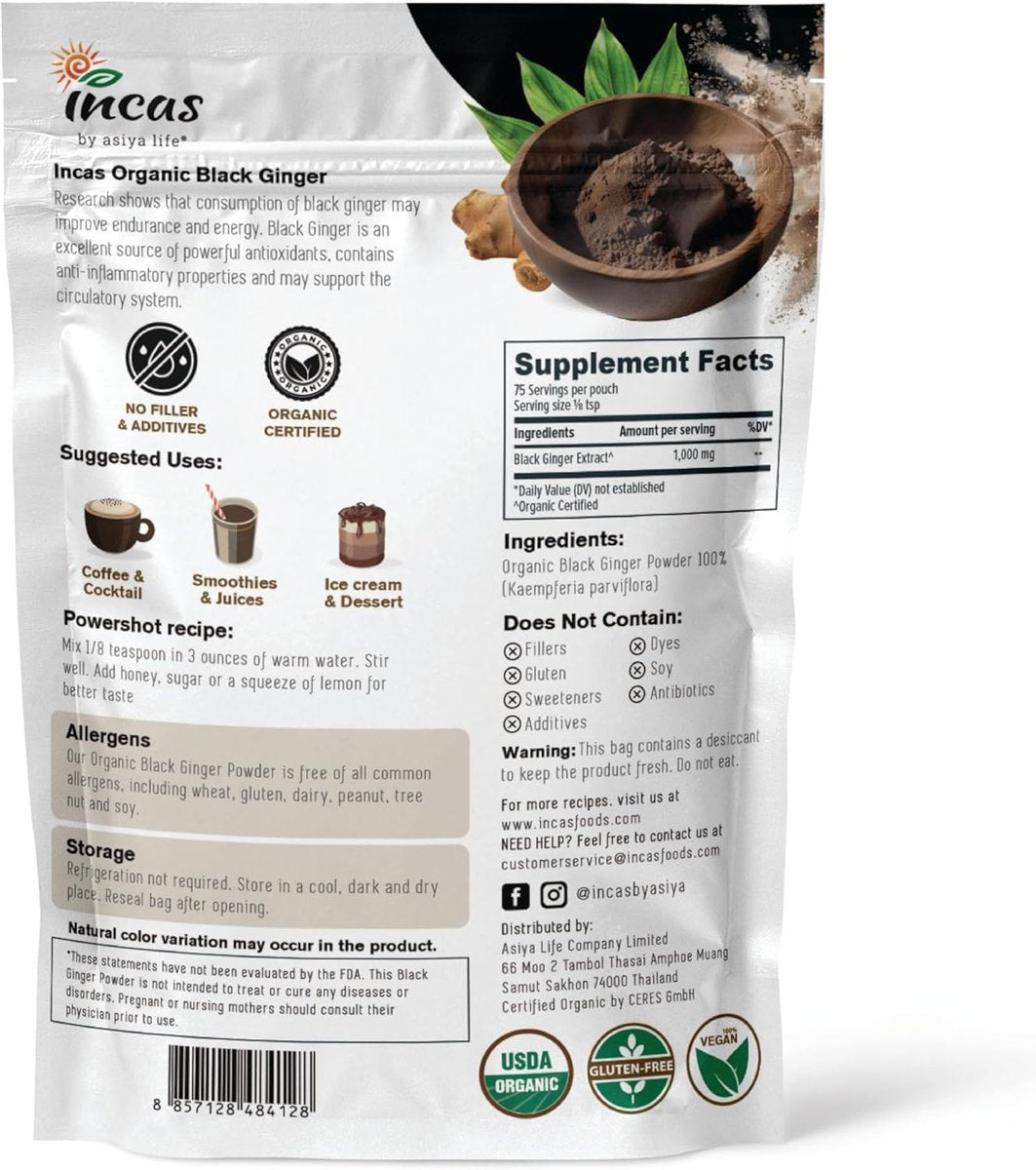 INCAS 100% USDA Organic Thai Black Ginger Powder for Men 2.65 Ounce from Thailand Non GMO Verified Herbal Supplement for Natural Energy & Endurance - görsel 3