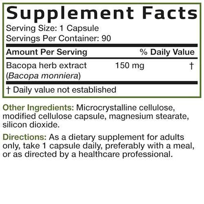 Bronson Bacopa Supports Healthy Brain Function and Mental Performance, Traditional Herb, Non-GMO, 180 Vegetarian Capsules