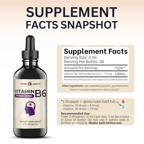 Think Above Vitamin B6 Liquid Drops - Pyridoxine hcl - 17 mg 1000% DV - Filler Free - 30 Day Supply - (2 oz) for Adults - görsel 5