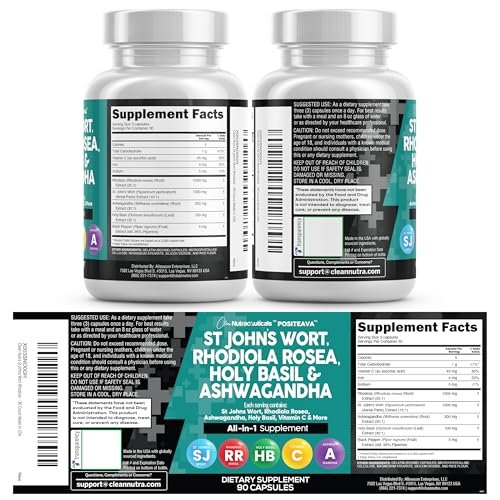 Clean Nutraceuticals St Johns Wort Rhodiola Rosea Holy Basil Ashwagandha - Mood Support for Women and Men with Vitamin C & Black Pepper Extract - 90 Caps - görsel 3