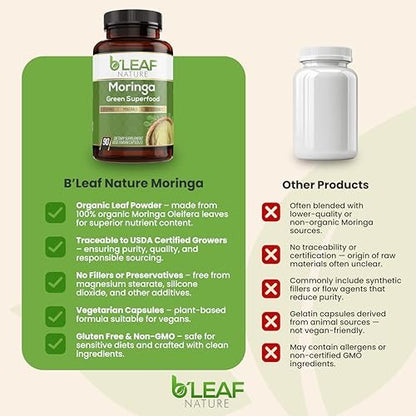 B'Leaf Nature Moringa Capsules Organic 1000mg — Pure Moringa Oleifera Leaf Powder Capsules for Energy & Immune Support | Non-GMO Gluten Free Vegan Superfood | 180 Veggie Capsules