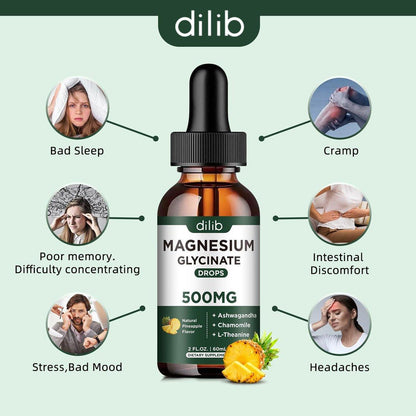 dilib Magnesium Glycinate 500mg - Liquid Magnesium Drops, Ashwagandha, L-Theanine, Chamomile - Calm & Stress Relief, Relaxation, Restful Sleep, Muscle Heart Health, Vegan - 2 Fl Oz (30 Days)