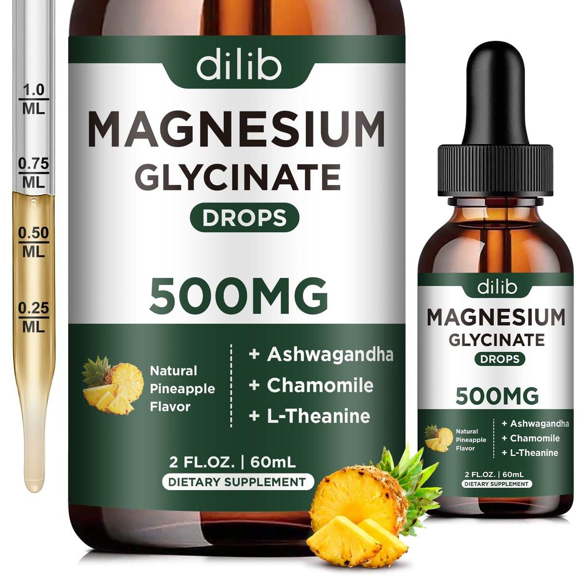 dilib Magnesium Glycinate 500mg - Liquid Magnesium Drops, Ashwagandha, L-Theanine, Chamomile - Calm & Stress Relief, Relaxation, Restful Sleep, Muscle Heart Health, Vegan - 2 Fl Oz (30 Days) - görsel 1