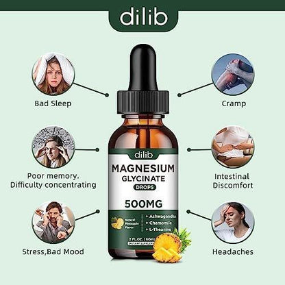 dilib Magnesium Glycinate 500mg - Liquid Magnesium Drops, Ashwagandha, L-Theanine, Chamomile - Calm & Stress Relief, Relaxation, Restful Sleep, Muscle Heart Health, Vegan - 2 Fl Oz (30 Days)