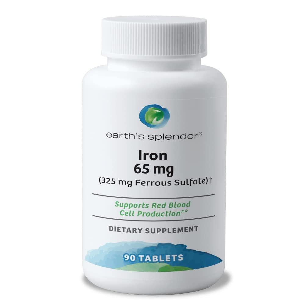 Earth's Splendor Iron 65mg USP, 325mg Ferrous Sulfate Tablets - Energy Production, Oxygen Transportation, Overall Health - 3 Month Supply - görsel 1