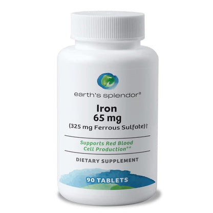 Earth's Splendor Iron 65mg USP, 325mg Ferrous Sulfate Tablets - Energy Production, Oxygen Transportation, Overall Health - 3 Month Supply