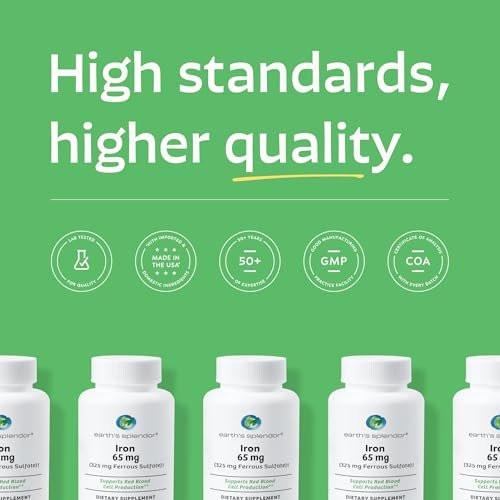 Earth's Splendor Iron 65mg USP, 325mg Ferrous Sulfate Tablets - Energy Production, Oxygen Transportation, Overall Health - 3 Month Supply - görsel 12