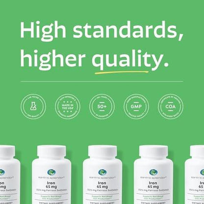 Earth's Splendor Iron 65mg USP, 325mg Ferrous Sulfate Tablets - Energy Production, Oxygen Transportation, Overall Health - 3 Month Supply