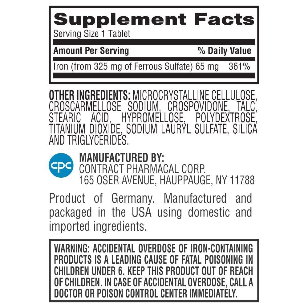 Earth's Splendor Iron 65mg USP, 325mg Ferrous Sulfate Tablets - Energy Production, Oxygen Transportation, Overall Health - 3 Month Supply - görsel 3