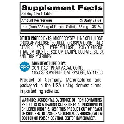 Earth's Splendor Iron 65mg USP, 325mg Ferrous Sulfate Tablets - Energy Production, Oxygen Transportation, Overall Health - 3 Month Supply