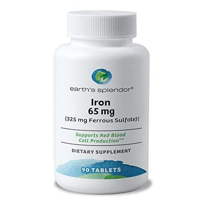 Earth's Splendor Iron 65mg USP, 325mg Ferrous Sulfate Tablets - Energy Production, Oxygen Transportation, Overall Health - 3 Month Supply