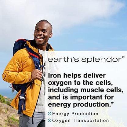 Earth's Splendor Iron 65mg USP, 325mg Ferrous Sulfate Tablets - Energy Production, Oxygen Transportation, Overall Health - 3 Month Supply