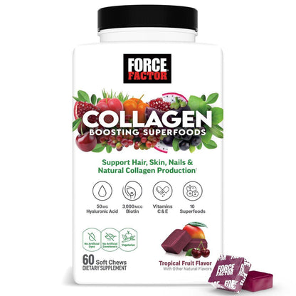 Force Factor Collagen Boosting Superfoods, Vegan Collagen Booster for Women, with Biotin, Hyaluronic Acid, and Vitamin C, for Hair, Skin, Nails, & Joint Support, Tropical Fruit, 60 Soft Chews