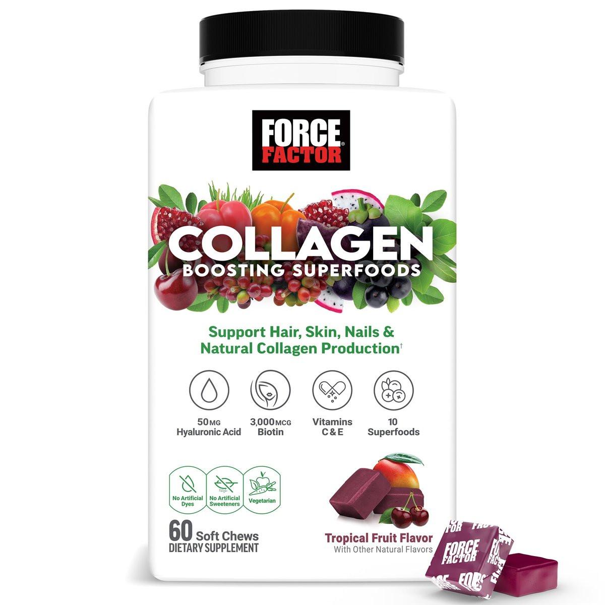 Force Factor Collagen Boosting Superfoods, Vegan Collagen Booster for Women, with Biotin, Hyaluronic Acid, and Vitamin C, for Hair, Skin, Nails, & Joint Support, Tropical Fruit, 60 Soft Chews - görsel 1