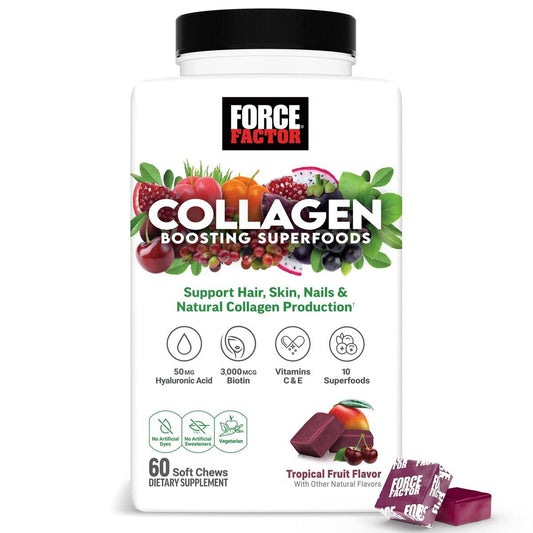 Force Factor Collagen Boosting Superfoods, Vegan Collagen Booster for Women, with Biotin, Hyaluronic Acid, and Vitamin C, for Hair, Skin, Nails, & Joint Support, Tropical Fruit, 60 Soft Chews