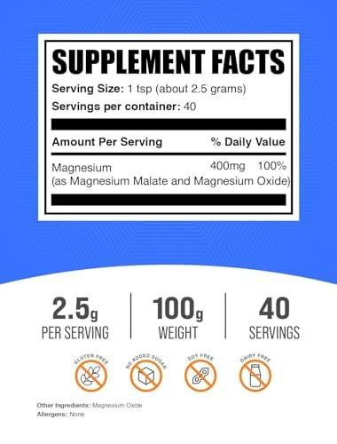 BulkSupplements.com Magnesium Malate Powder - High Bioavailability, Unflavored & Gluten Free, 2.5g per Serving, 100g (3.5 oz) (Pack of 1)