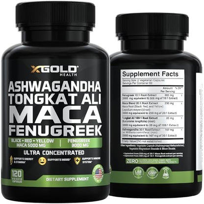 Ashwagandha 30:1 + Tongkat Ali 100:1 + Maca Root 20:1 + Fenugreek 10:1 Extract Supplement for Men & Women | High Potency Herbal Complex | Energy, Vitality & Performance Support | Made in USA