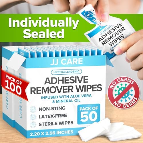 JJ CARE Adhesive Remover Wipes (Pack of 100) 2.2” x 2.56 Inches, Adhesive Remover for Skin, No Sting Medical Adhesive Remover, Ostomy Adhesive Remover for Sensitive Skin - Individually Packed - görsel 1