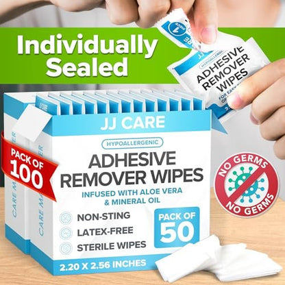 JJ CARE Adhesive Remover Wipes (Pack of 100) 2.2” x 2.56 Inches, Adhesive Remover for Skin, No Sting Medical Adhesive Remover, Ostomy Adhesive Remover for Sensitive Skin - Individually Packed
