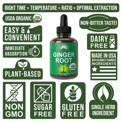 USDA Organic Ginger Root Extract Liquid Drops. Zero Sugar, Non Bitter Vegan Ginger Oil Supplement for Immune, Digestive + Gut Support. High Bioavailability, Gluten Free for Women and Men. Take Orally