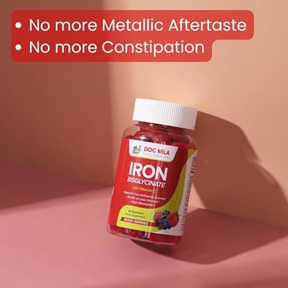 Iron Supplement for Kids and Adults - Iron Bisglycinate Gummies 25mg with Liposomal VIT C - Chelated Iron Supplement for Women and Men - 60 Gummies, 1 Month Supply